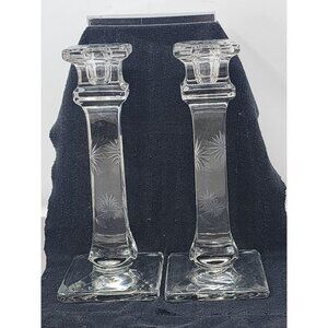 Vintage Westmoreland Etched Glass Candlestick Holders Elegant Square Base Design
